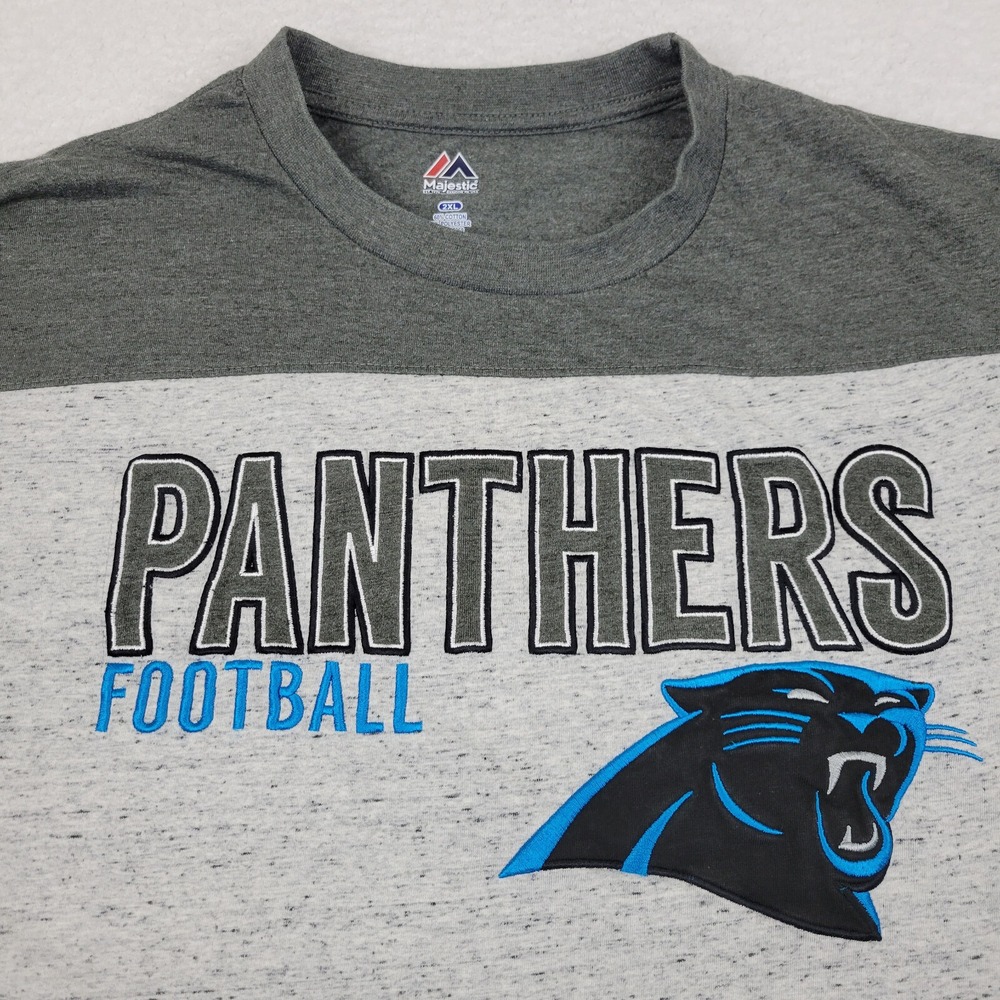Majestic Carolina Panthers Shirt Mens 2XL Gray Embroidered Short Sleeve Crewneck